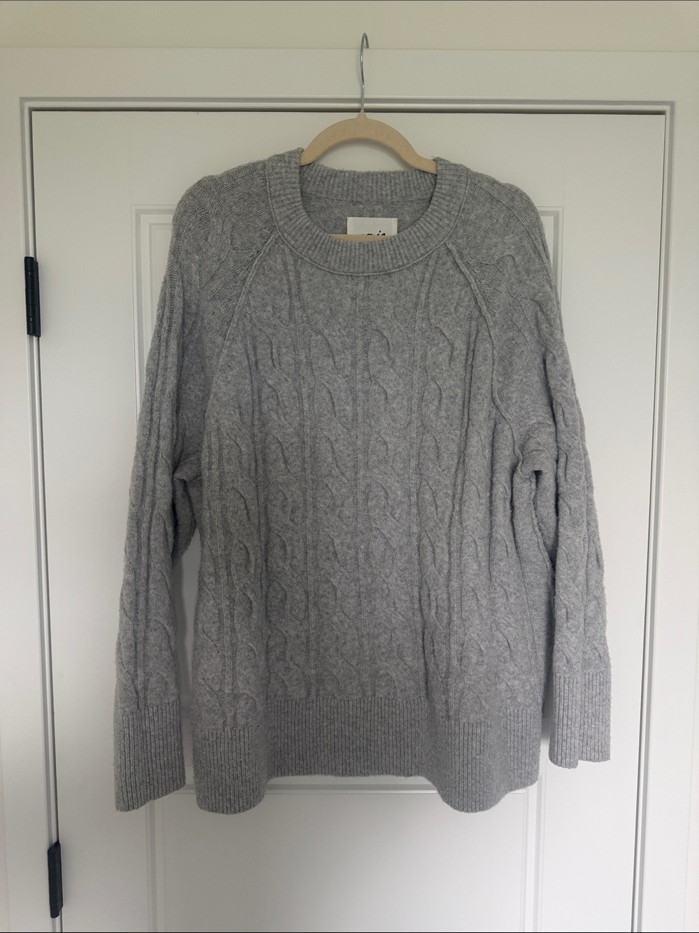 aerie Light Gray Cable Knit Crewneck Sweater